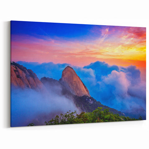 Misty Korean Mountain Sunrise - Scenic Nature Wall Art on Framed Canvas