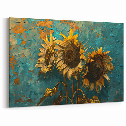 Vibrant Sunflower Wall Art | Textured Turquoise and Gold Sunflower Canvas