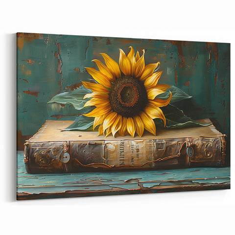 Vintage Sunflower Wall Art | Rustic Sunflower on Antique Book Canvas Print