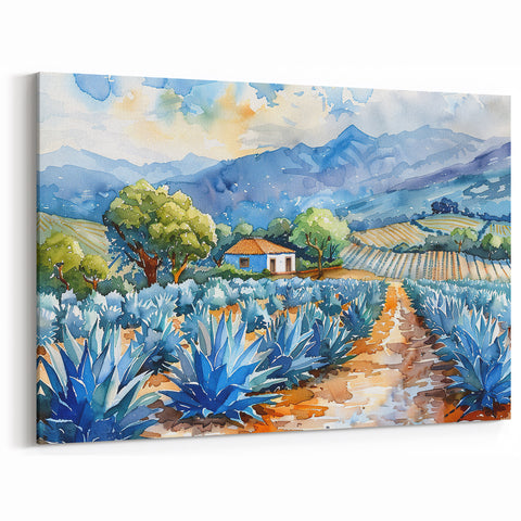 Oaxaca Wall Art – Tranquil Agave Fields and Mountains in Watercolor Art