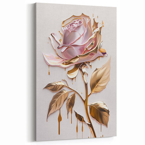 Gold and Pink Rose Wall Art - Luxurious Floral Canvas Print for Elegant Decor