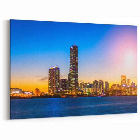 Seoul Skyline Canvas – Sunset Over Iconic 63 Building Wall Art