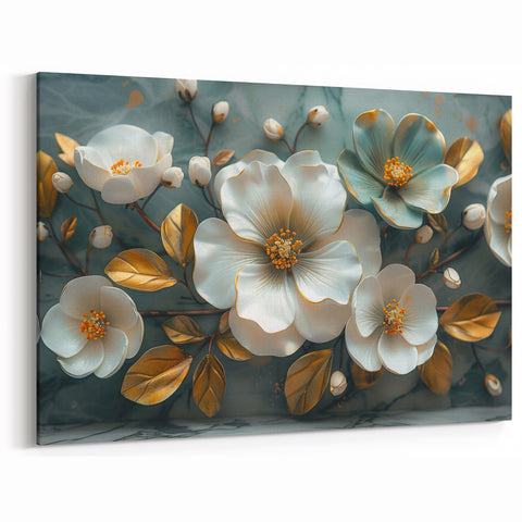Luxurious White Floral Art - Gold Accented Botanical Wall Decor Print