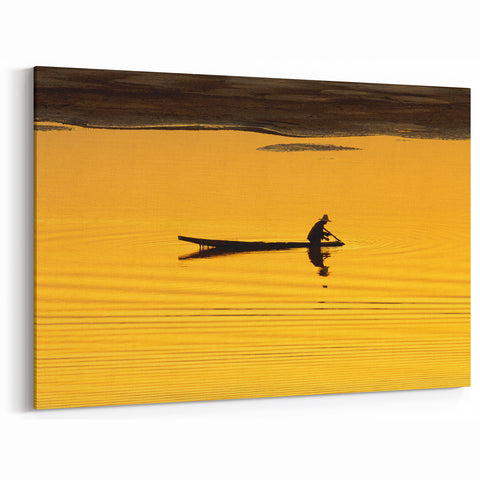 Golden Sunset Canoe – Laos Landscape Prints for Serene Home Decor