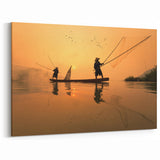 Laos Scenery Canvas – Traditional Fishermen at Sunset, Serene Wall Art