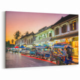 Laos Travel Poster – Vibrant Street Market with Tuk-Tuks, Laos Wall Art