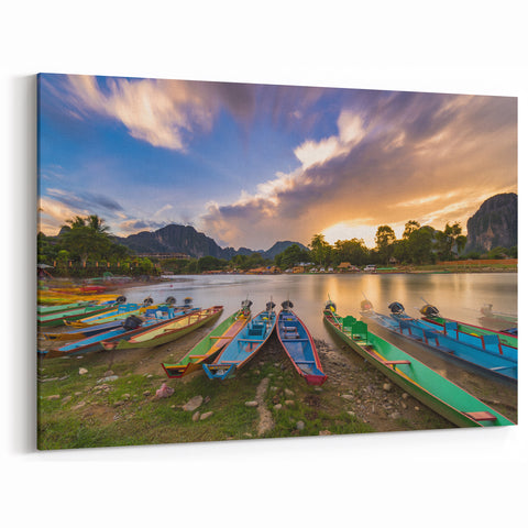 Laos Landscape Prints – Vibrant Riverboats and Sunset Scene Wall Art