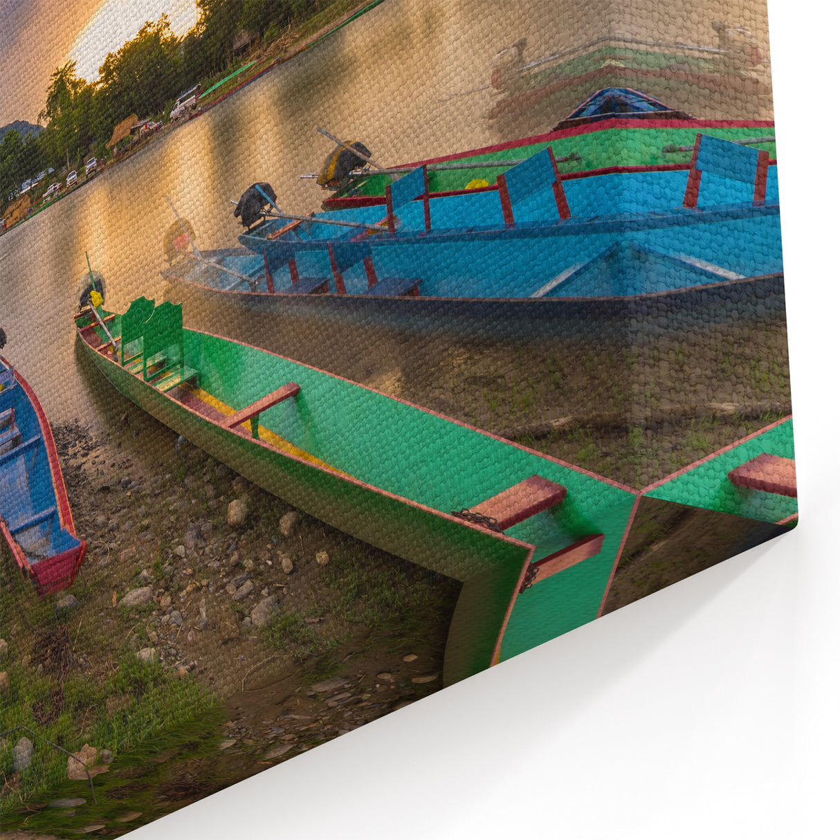 Laos Landscape Prints – Vibrant Riverboats and Sunset Scene Wall Art