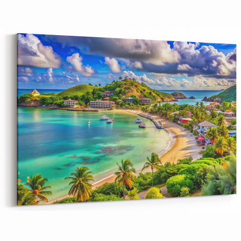 Antigua Island Artwork – Caribbean Scenic Bay and Coastal Village Print