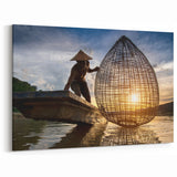 Laos Art Photography – Fisherman Silhouette at Sunset, Cultural Wall Art
