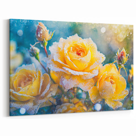 Chilled Beauty of Frosted Yellow Roses – Winter Wall Art on Canvas