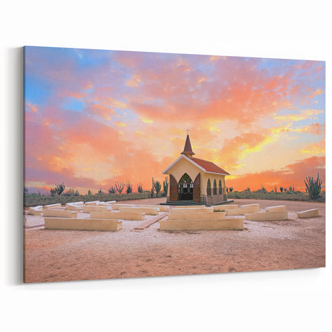 Aruba Coastal Decor – Sunset Over Chapel in Caribbean Desert Landscape