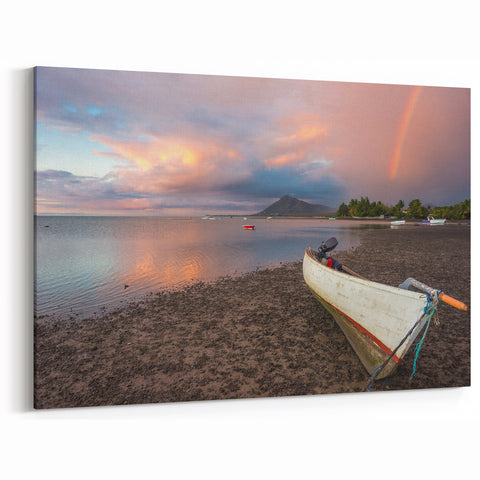 Aruba Coastal Decor – Boat on Calm Beach with Rainbow and Mountain View