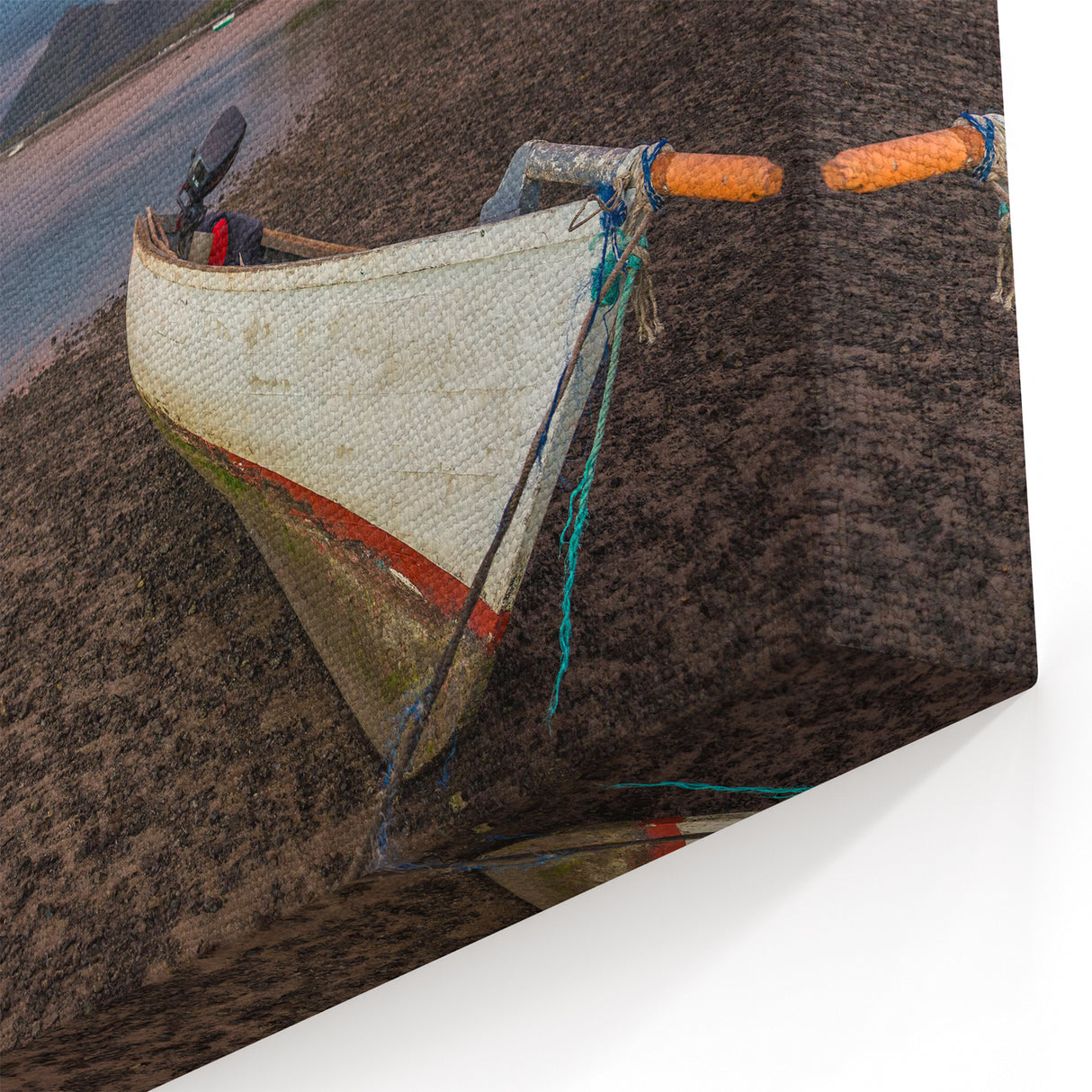 Aruba Coastal Decor – Boat on Calm Beach with Rainbow and Mountain View