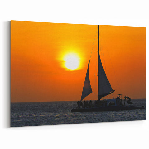 Caribbean Beach Art – Sailboat at Sunset with Vibrant Orange Sky