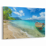 Tropical Island Prints – Boat on Tranquil Beach with Turquoise Waters