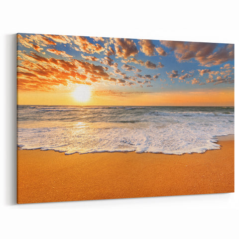 Caribbean Scenery Art - Golden Sunset Beach in Bahamas with Ocean Waves