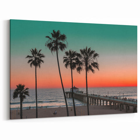 Tropical Island Canvas Prints - Sunset Pier Scene with Palm Trees in Bahamas