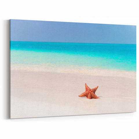 Bahamas Beach Paintings - Starfish on Turquoise Water Shoreline Canvas Art