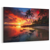 Bahamas Beach Paintings - Fiery Sunset Over Palm Trees and Coastal Waters