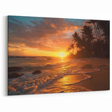 Bahamas Wall Art - Golden Sunset with Waves and Palm Trees on the Shore