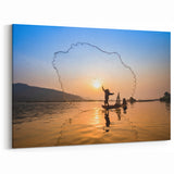 Traditional Fishing at Sunset - Laos Scenery Canvas Print