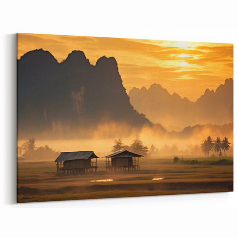 Laos Sunrise Over Rice Fields - Peaceful Landscape Photography Print