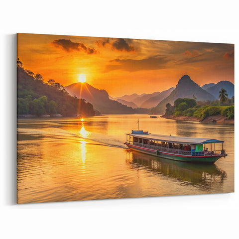 Sunset Over Mekong River - Scenic Laos Boat Ride Photography Print