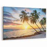 Caribbean Scenery Art – Sunset Palm Trees on Barbados Beach Canvas Print