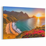 Barbados Landscape Art – Sunset Coastal View with Mountains and Flowers