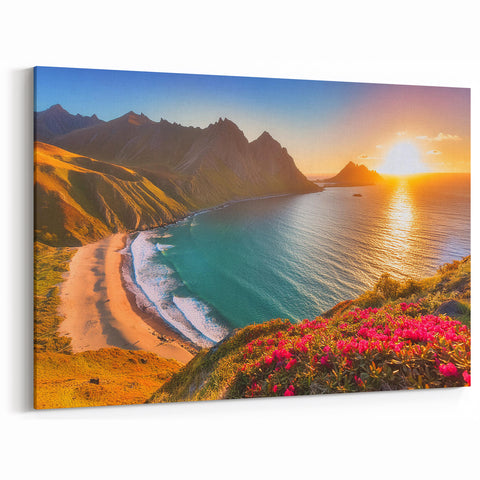 Barbados Landscape Art – Sunset Coastal View with Mountains and Flowers