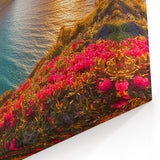 Barbados Landscape Art – Sunset Coastal View with Mountains and Flowers