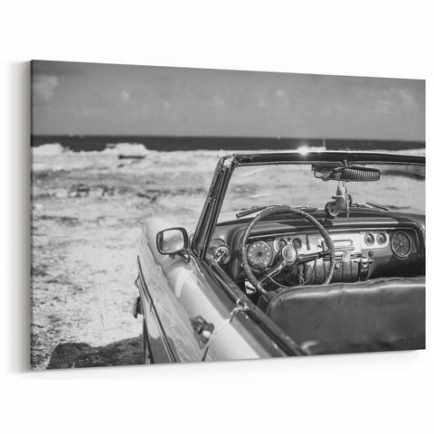 Classic Cuban Convertible Wall Art - Black and White Vintage Car Scene