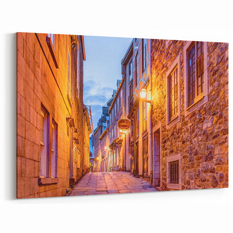 Historic Street at Dusk Quebec – Charming Evening Wall Art, Urban Decor
