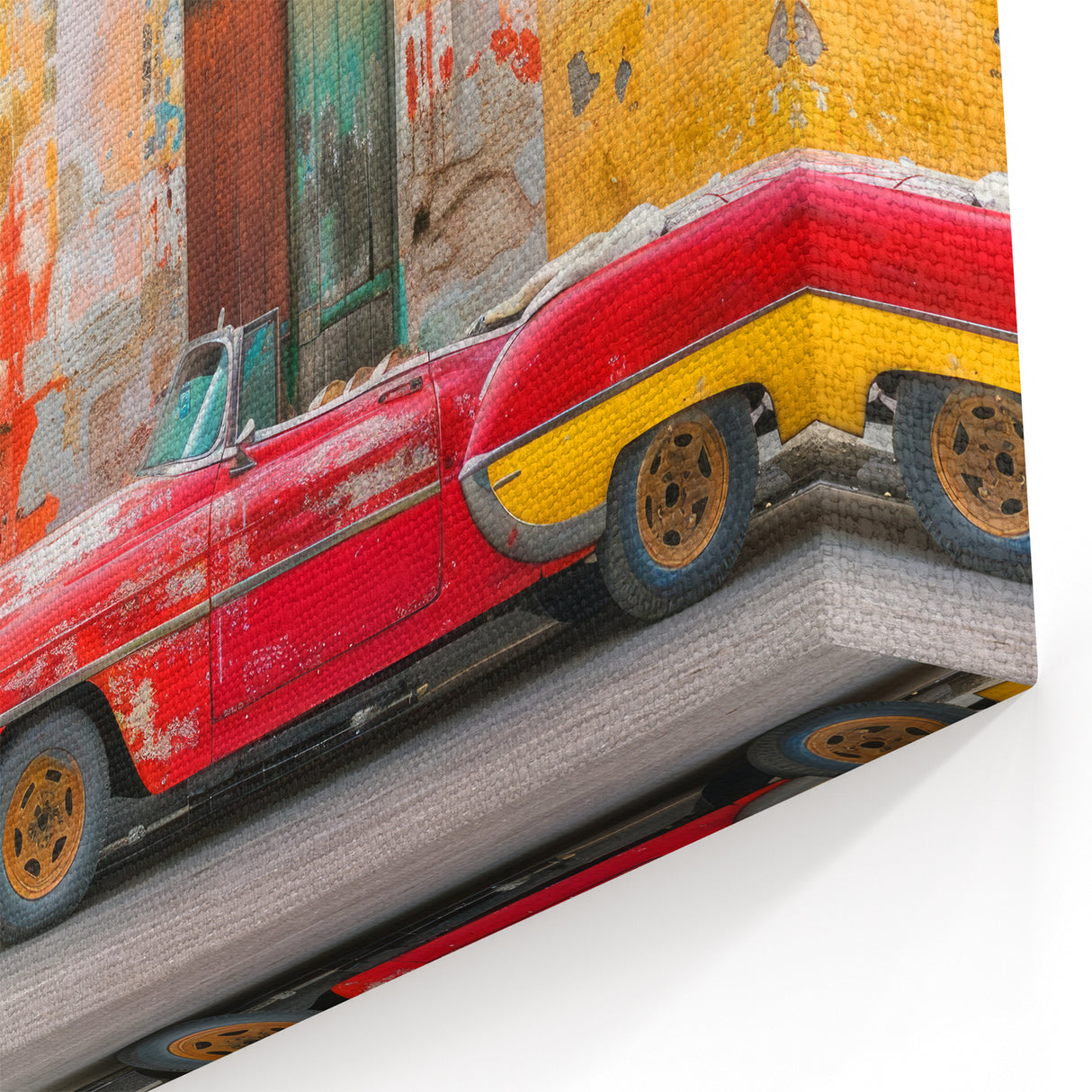 Vintage Cuba Posters – Classic Red Car Against Rustic Havana Walls