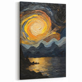 Abstract Swirling Sun Over Lake – Dynamic Sun Wall Art in Gold and Navy