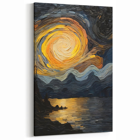 Abstract Swirling Sun Over Lake – Dynamic Sun Wall Art in Gold and Navy