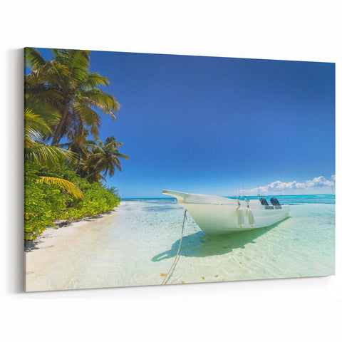 Tropical Beach Wall Art - White Boat on Crystal-Clear Dominican Shore