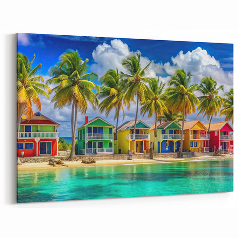 Dominican Republic Wall Art - Colorful Coastal Houses and Palm Trees