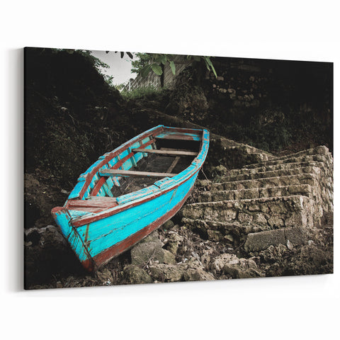 Tropical Decor from Haiti - Island Paradise Art with Rustic Boat Scene