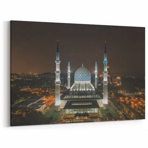 Framed Malaysian Art – Majestic Mosque Illuminated at Night in Kuala Lumpur