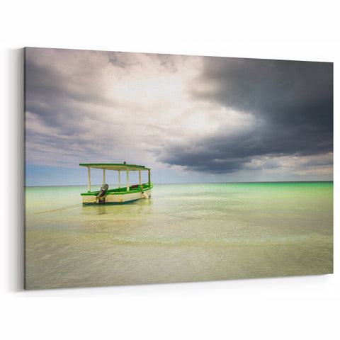 Tropical Jamaica Art - Green Boat on Calm Caribbean Waters