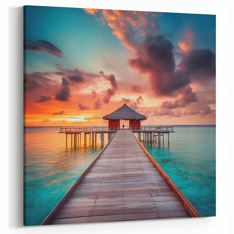 Tropical Jamaica Art - Vibrant Sunset Overwater Bungalow Scene