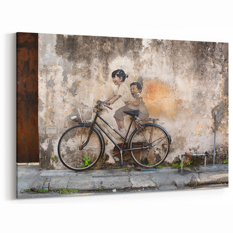 Malaysian Scenery Canvas – Bicycle Street Art with Playful Children Mural