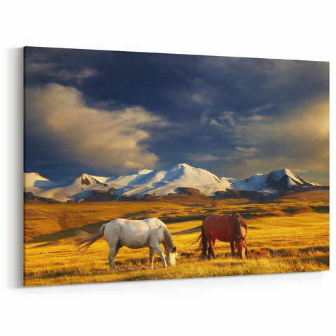 Mongolian Landscape Art – Horses Grazing Under Snow-Capped Mountains