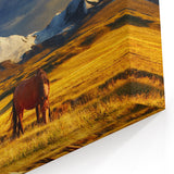 Mongolian Landscape Art – Horses Grazing Under Snow-Capped Mountains