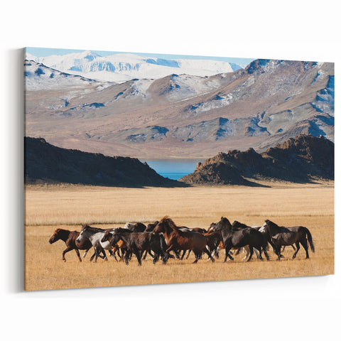 Mongolian Landscape Art – Wild Horses Running by Mountain Lakes