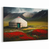 Traditional Mongolian Art - Yurt in Blooming Valley with Majestic Mountains