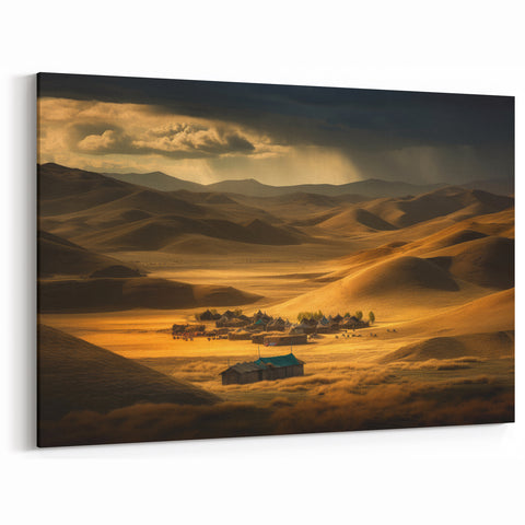 Traditional Mongolian Art - Nomadic Village in Golden Desert Hills