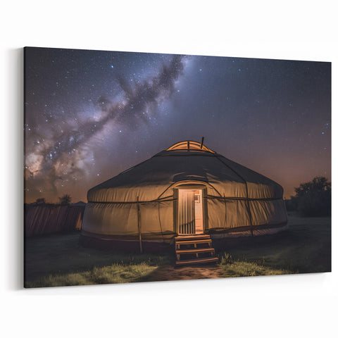 Mongolian Landscape Art - Yurt Under Milky Way Sky in Starry Night